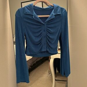 LYANER- Women's Collar Button Down Ruched Long Sleeve - Blue- Small